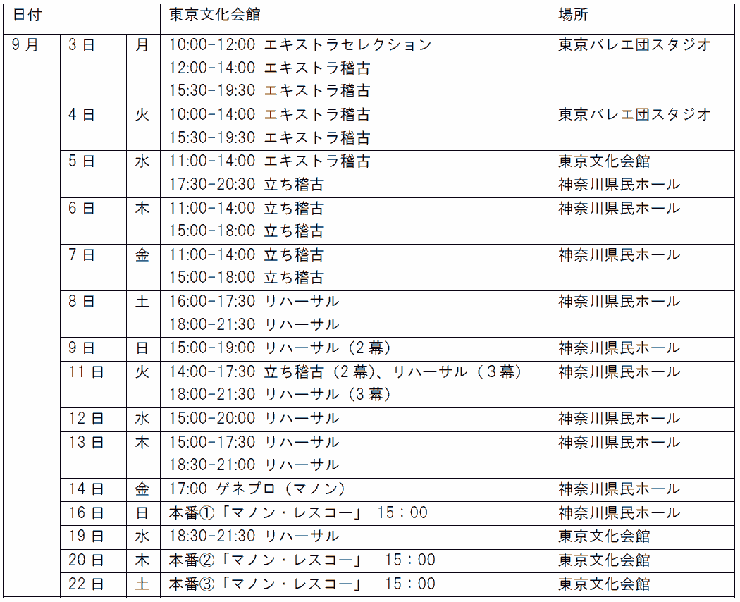 マノン・レスコー スケジュール